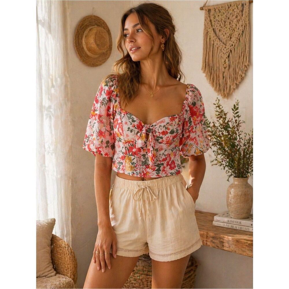 Love & Piece Boho Pink Floral Tie-Front Puff Sleeve Crop Top